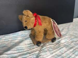 Bears by Connie Artist Mohair Teddy Bear on Wooden Wheeled Base Pull Toy